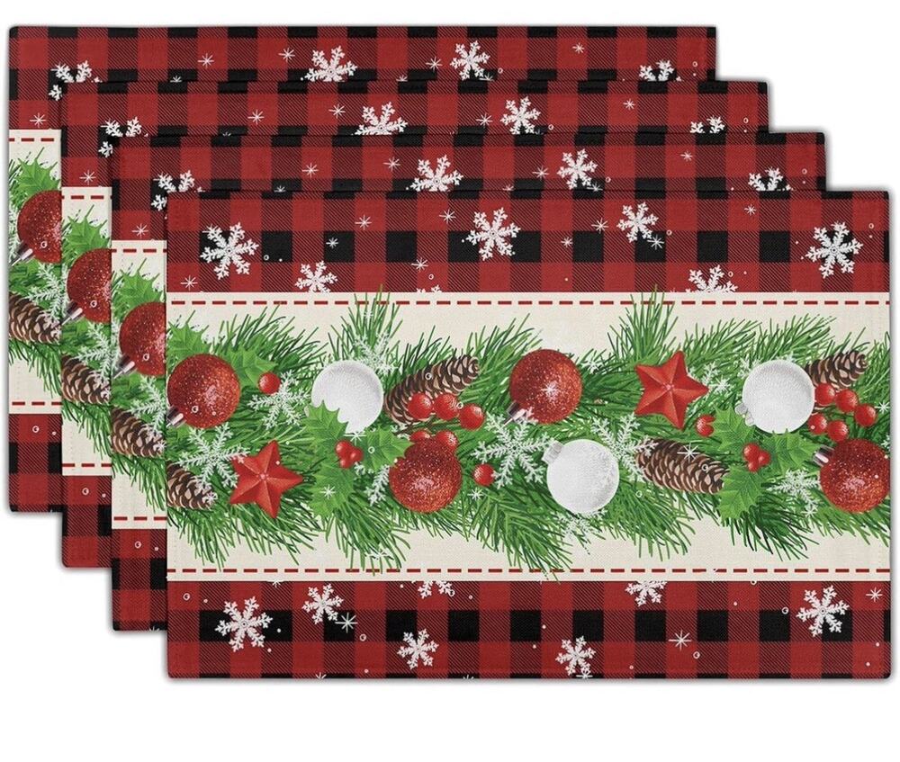 Christmas Placemats Set of 4 - Xmas Bells Place Mat 12x18 Buffalo Plaid